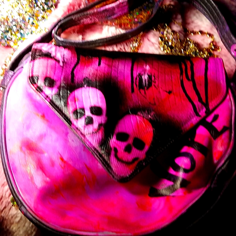 Skull Custom PhuckCulture Trash Bag Leather Upcycled Purse Hot Pink Black